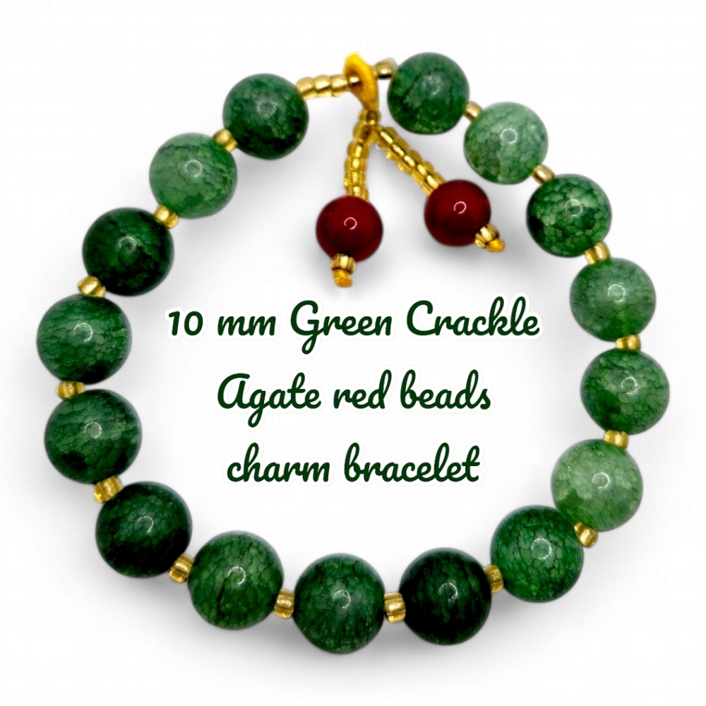 10 mm Green Crackle Agate red beads charm bracelet